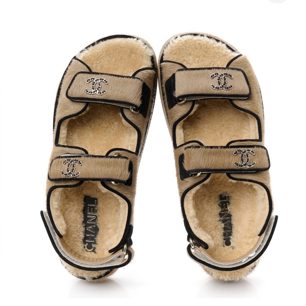New Chanel Calf Hair Suede Shearling Dad Sandals Size 38 Beige